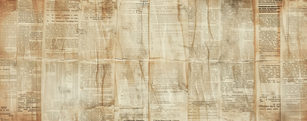 Newspaper paper vintage texture.  Grunge, old newspapers page unrecognizable print beige background for copy spate. Aged abstract newsprint sheet vertical banner with blurry text for overlay 