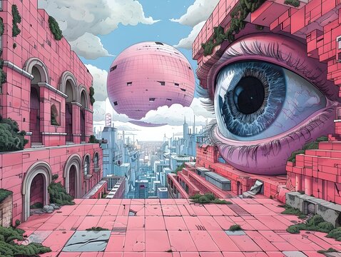Surreal Architectural Cityscape with Floating Pink Eye in Distorted Dreamlike Psychedelic Realm