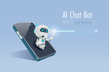 AI chat robot on smart phone touch digital download bar. AI robotics and chatbot innovation technology influence in people lifestyle and worldwide trends. 3D vector.