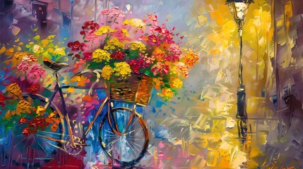 Colorful Bicycle with Blooming Flowers on an Urban Street. A Vivid Impressionistic Artwork, Ideal for Decor. Captivating Streetscape Painting. AI