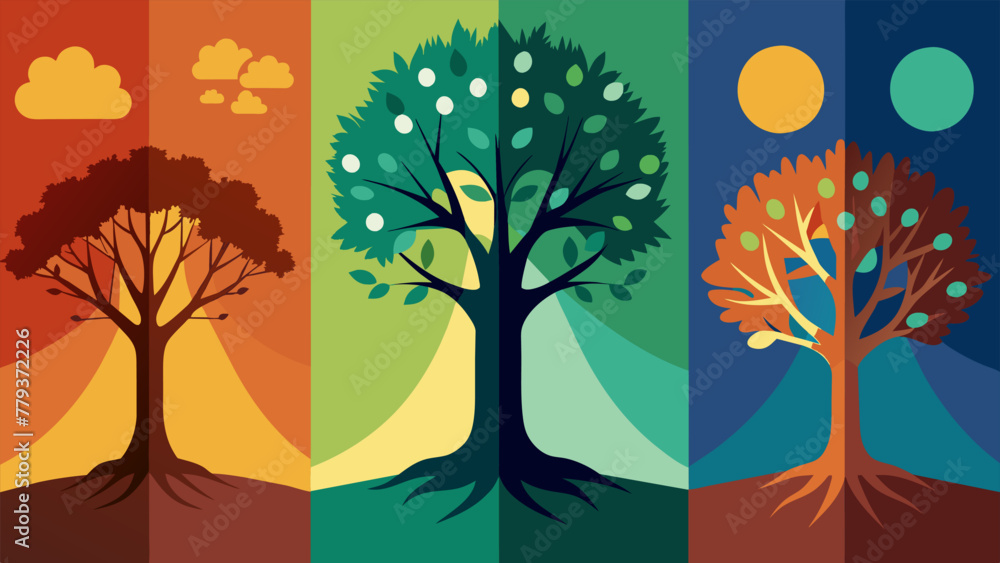 Poster a series of photographs of the same tree with different backgrounds and lighting demonstrating how s