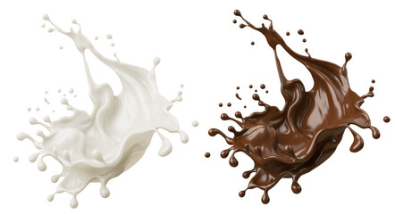 Milk and Chocolate splash, Milkshake and Cocoa pouring, 3d illustration.