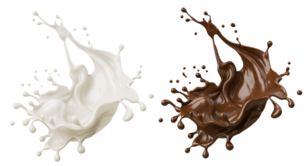 Milk and Chocolate splash, Milkshake and Cocoa pouring, 3d illustration.