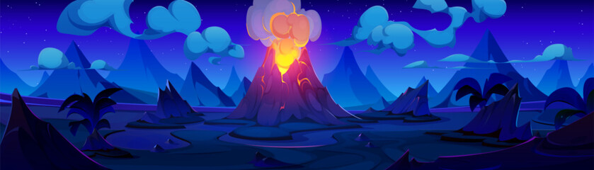 Volcano erupt with glow lava and smoke at night. Cartoon vector illustration of prehistoric landscape with dangerous volcanic mountain with magma explosion, smaller rock hills and plant, clouds on sky - obrazy, fototapety, plakaty