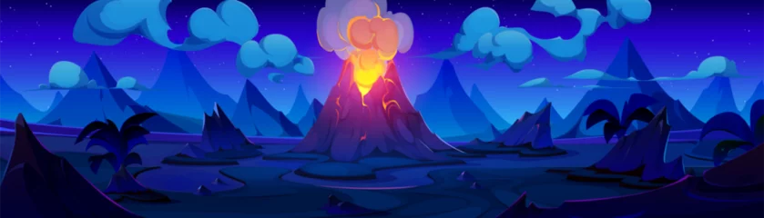 Photo sur Plexiglas Bleu foncé Volcano erupt with glow lava and smoke at night. Cartoon vector illustration of prehistoric landscape with dangerous volcanic mountain with magma explosion, smaller rock hills and plant, clouds on sky