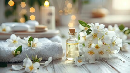 Spa setting with jasmine essential oil and flowers. Wellness con​