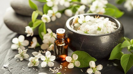 Spa setting with jasmine essential oil and flowers. Wellness con​