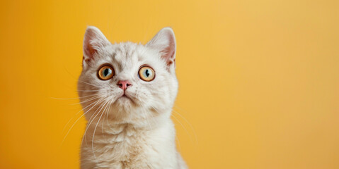 Surprised with news with prices Black Friday 13th concept. Portrait of a shocked white cat with huge opened eyes on yellow background. Copy paste empty place for text