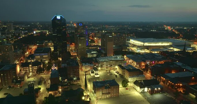 High office buildings in downtown district of Lexington Kentucky, USA. American megapolis with business financial district at night