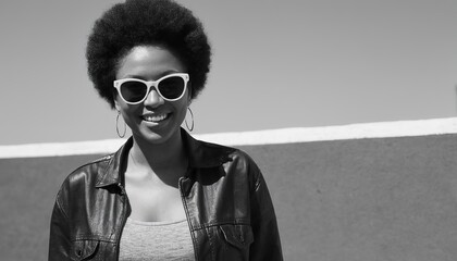 Stylish Afro American Woman in Sunglasses: A Black and White Portrait