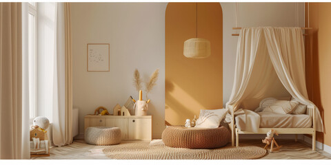 Fototapeta na wymiar Minimalist kids room composition in beige colors