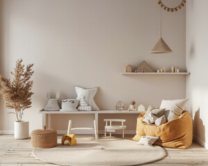 Minimalist kids room composition in beige colors