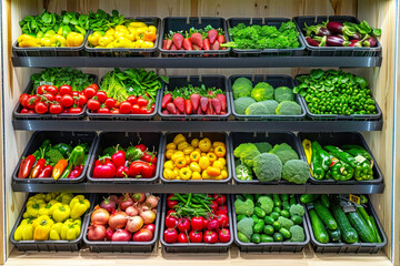 Vegetable farmer market counter: colorful various fresh organic healthy vegetables at grocery store.