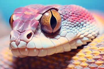 Fototapeta premium A colorful snake with a pink head and yellow eyes