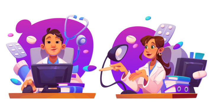 Naklejki Doctor at work desk with computer. Cartoon vector illustration set of man and woman medical professional character in white clothes sitting at table with pc screen and documents in clinic office.