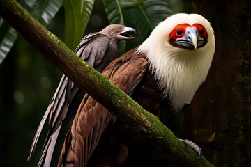 A bird with a red beak and white feathers is perched on a branch - obrazy, fototapety, plakaty