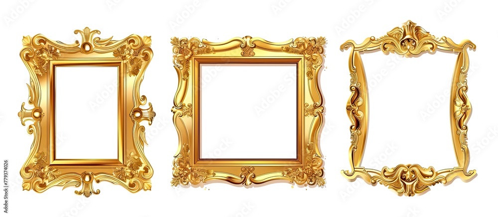 Poster a set of three gold picture frames in varying sizes, displayed on a white background. these rectangu