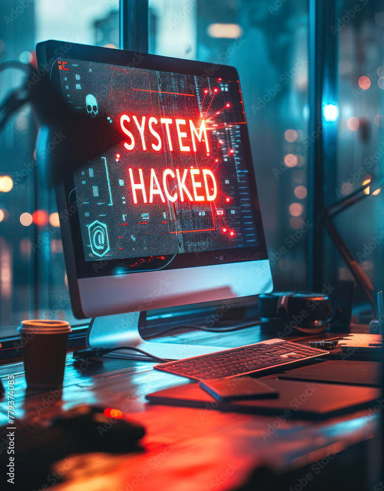 Poster cybersecurity breach warning with system hacked alert on a computer screen in a dark office environm