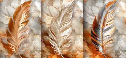 panel wall art, marble background with feather designs , wall decoration - obrazy, fototapety, plakaty