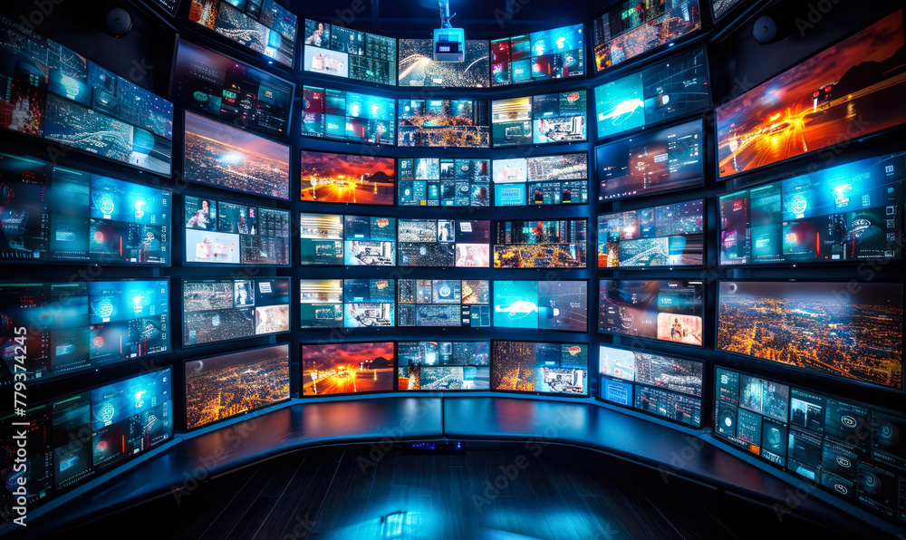 Aufkleber media broadcast control room with multiple screens displaying various content, representing surveill
