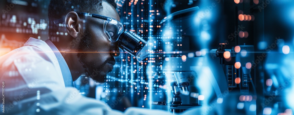Poster innovative medical research with a scientist using a microscope and digital data visualization for a