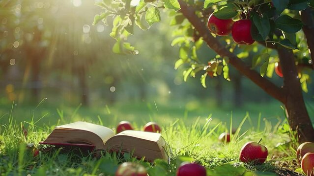 World book day concept. Background of an open book under an apple tree. Happy book day. Copy space area for text. 4K Videos