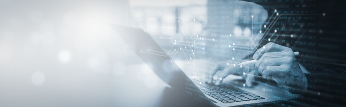 Businessman hand touch with Code html and programming on screen laptop,Programmer development Computer code,web design  coding technology in software, digital software technology development, IoT 