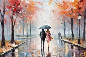 Autumn urban landscape. A couple walks in the park in the rain. A bright colorful illustration in the style of oil painting. 