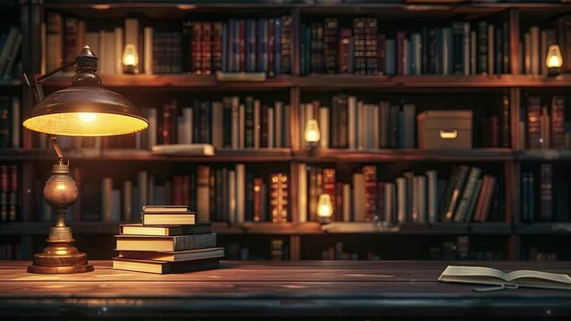World book day concept. Books in the library. Happy book day. Books and burning lamps. 4K Videos