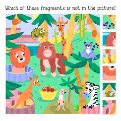 Find hidden fragments. Game for kids. Color scene with animals in zoo. Funny cartoon characters. Vector Illustration for book, design, posters, puzzle, games.