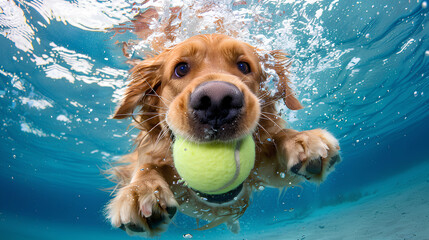 Fluffy, delighted Golden Retriever  swimming underwater, catch a tennis ball in its mouth, joyful face, oversized eyes, adorable, blue water