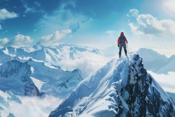 Fototapeta na wymiar Mountain Climber Triumphantly Reaching Summit - Inspirational Achievement Photo.