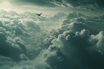 A lone bird soaring above stormy clouds symbolizing freedom and resilience.