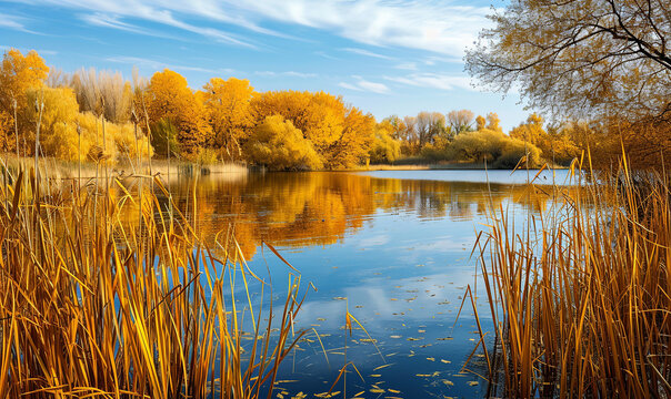 Autumn landscape with lake and reeds on background of forest and blue sky