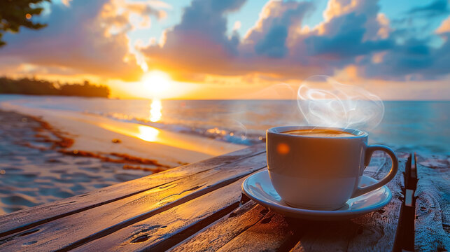 a selective focus picture of a cup of coffee on wooden table in the morning sunrise