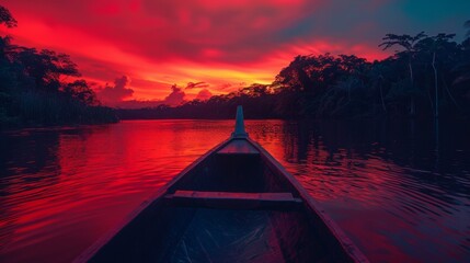 Boat on river, fluorescent lights, neon light, night, red sky