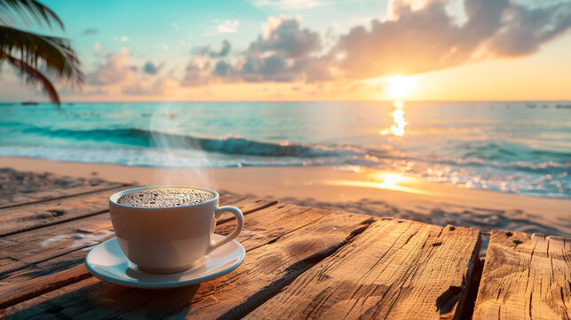 a selective focus picture of a cup of coffee on wooden table in the morning sunrise