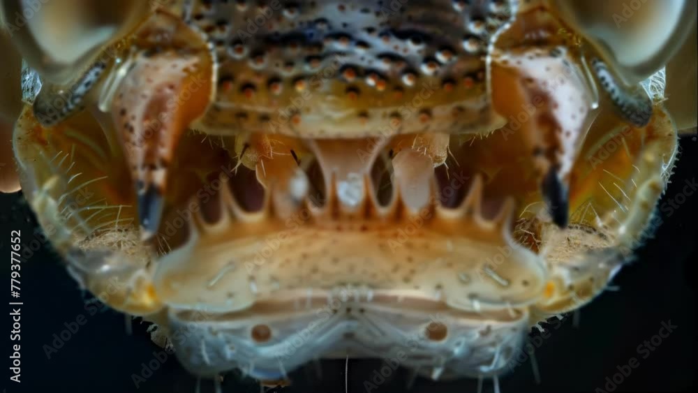 Poster a highly magnified image of a grasshoppers mandible highlighting its complex structure and precise a