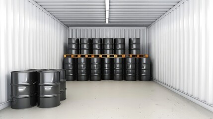 Warehouse of barrels with fuel and lubricants. A barrel labeled with the brand logo, representing a trusted and reputable supplier of high-quality fuel and lubricants.