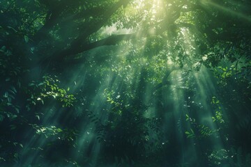 Obraz premium A Glimpse of Sunlight Piercing Through Thick Lush Green Forest Canopy.