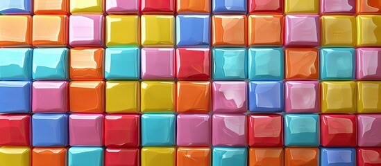 Vibrantly colored glass blocks are artfully arranged in a visually striking pattern