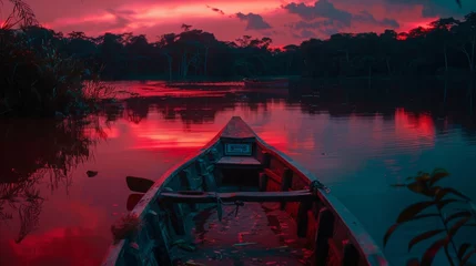 Gardinen Boat on river, fluorescent lights, neon light, night, red sky © paisorn