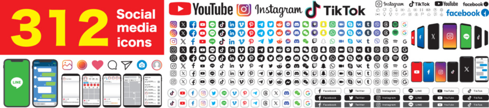Social media icons. X, Twitter, Youtube, Facebook, Instagram, Pinterest, Vimeo, Skype, Viber, TikTok, Linkedin, Telegram. vector