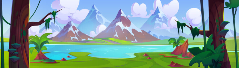 Mountain landscape with jungle trees, lake or river and rocky snowy hills. Cartoon summer forest scenery with water in pond, peaks and woods, blue sky with clouds. Outdoor countryside panorama. - obrazy, fototapety, plakaty
