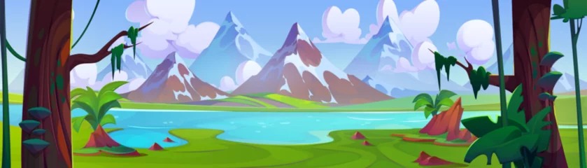 Keuken spatwand met foto Mountain landscape with jungle trees, lake or river and rocky snowy hills. Cartoon summer forest scenery with water in pond, peaks and woods, blue sky with clouds. Outdoor countryside panorama. © klyaksun