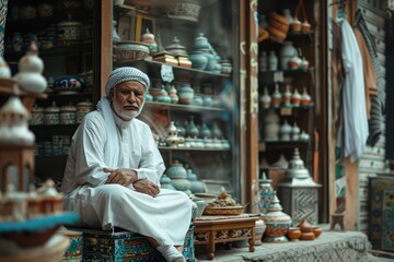 Fototapeta premium Elderly Man in Traditional Attire by Pottery Store