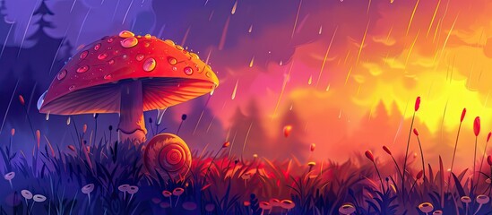 A mushroom is blooming in the wet grass under the purple sky. The rain provides entertainment for the vibrant violet and magenta colors of nature