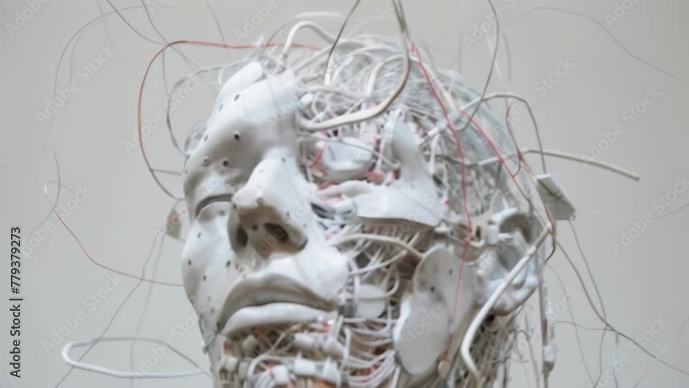 Poster the intricate web of wires and sensors attached to a subjects head measuring brain activity and musc