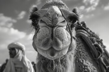 Close-Up of a Camel with a Handler in the Background