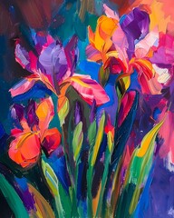  Strong brush stroke Landscape Oil painting in colorful vibrant  style feature iris flowers  wall art, digital art prints, home decor